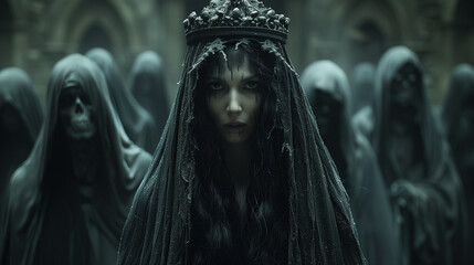 Naklejka premium regal necromancer queen in dark robes with a crown of bones in a haunted realm, digital gothic fantasy illustration