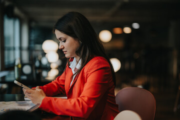 Young businesswoman in a red blazer using her smart phone during a meeting in a modern office setting with dim lighting. © qunica.com