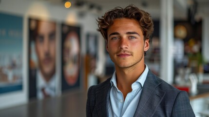 Obraz premium Man in blue suit in modern office looks at camera
