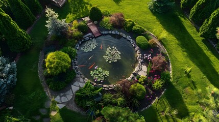 Lawn with pond and fish image
