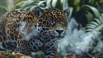 Obraz premium A jaguar, with a mesmerizing gaze, walks through a lush, misty jungle