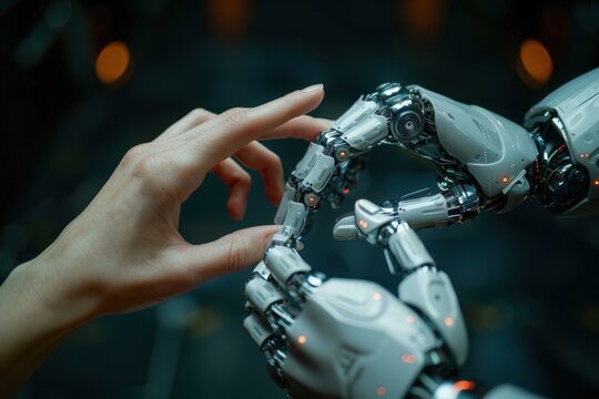 A human hand is reaching out to touch the fingers of a robotic hand, representing the convergence of technology and humanity, and the future of human-robot interaction.