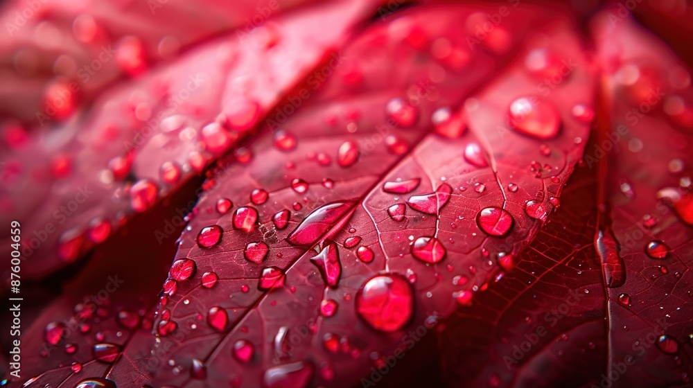 Poster vibrant macro close-up of water droplets on red leaf with soft focus background