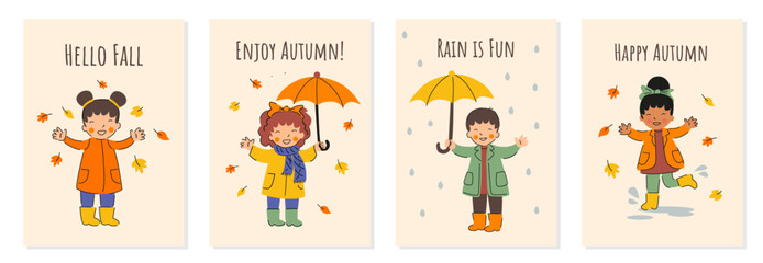Fall kids poster set. Happy autumn concept. Children’s autumn activities illustration. Children playing with leaves, and holding umbrellas in the rain. Vector flat illustration.