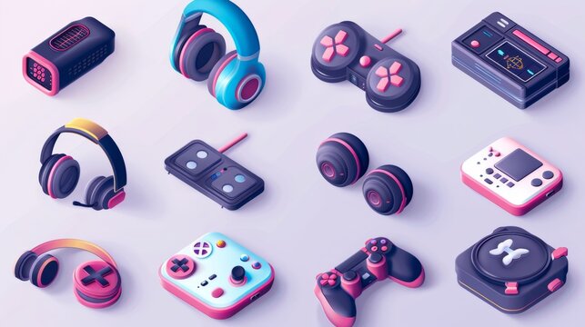 Gaming Icons Set Headphones, Controllers, Game Console, and More