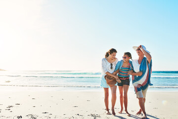 Grandma, daughter and happy with girl in ocean for fun on summer holiday or vacation and break....