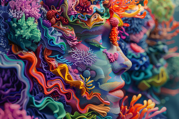 A colorful coral reef made of psychedelic fractals, with a beautiful woman's face in the center, in the style of psychedelic art