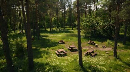 Forest glade with blooming wildflowers and green