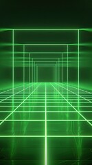Neon wireframe horizon background The light green square floor glows