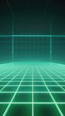 Neon wireframe horizon background The light green square floor glows