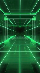 Neon wireframe horizon background The light green square floor glows