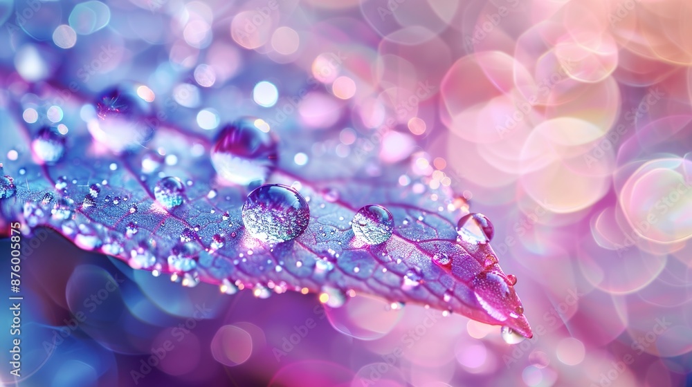 Poster tranquil reflections - abstract macro water droplets on translucent plant leaf with soft bokeh backg