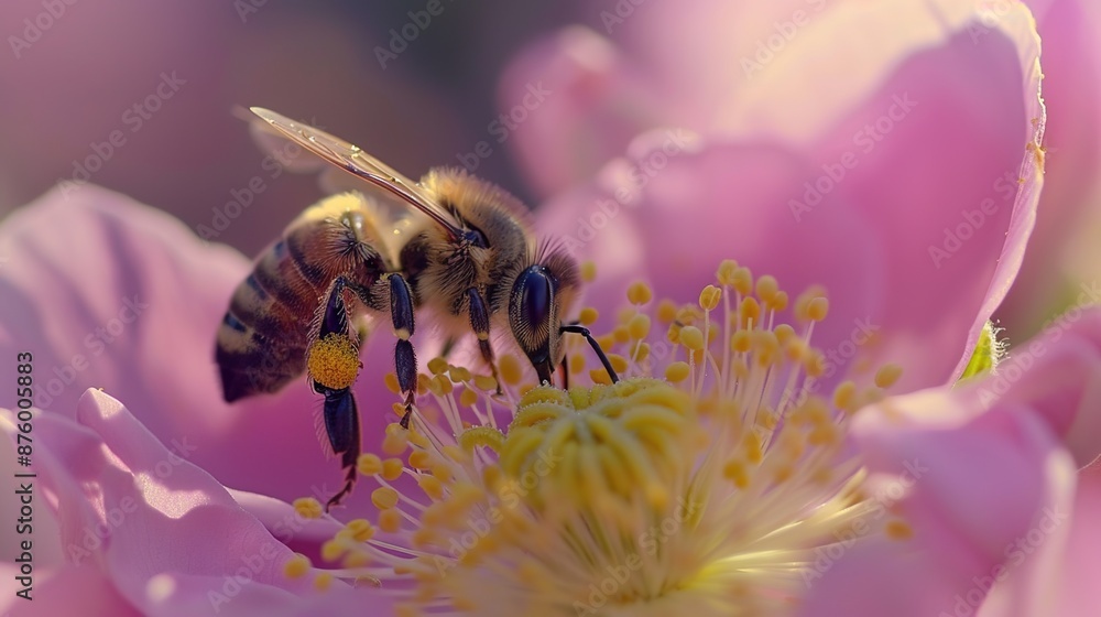 Poster intimate encounter: bee collecting pollen from blooming flower - shallow depth of field close-up