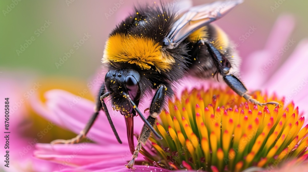 Poster macro shot of bee collecting pollen from blooming flower with shallow depth of field