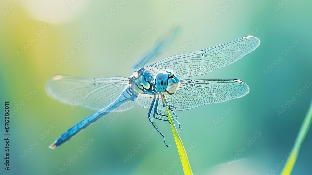 Poster serene close-up of a dragonfly on reed with soft-focus background