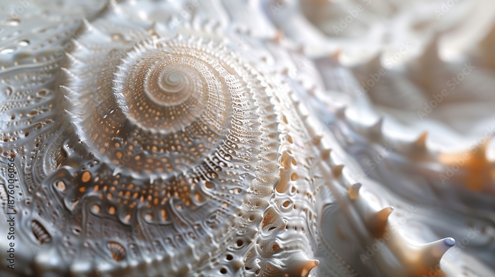 Poster close-up view of intricately textured spiral seashell with soft shadows - macro photography detail