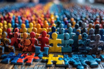 Obraz premium A vivid collection of jigsaw puzzle pieces arranged neatly, showcasing different colors and patterns, symbolizing teamwork, diversity, and the complexity of tasks.