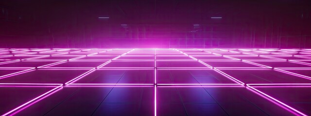 Neon wireframe horizon background The light purple square floor glows