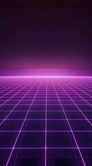 Neon wireframe horizon background The light purple square floor glows