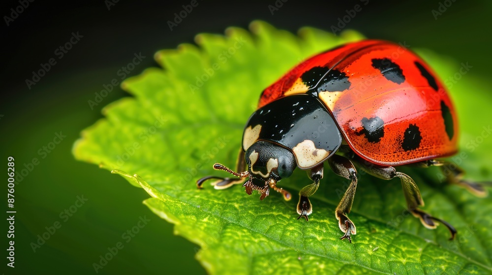 Poster close-up macro shot of vibrant ladybug on green leaf with detailed patterns and colors