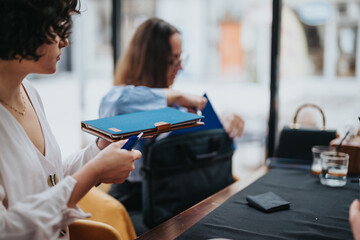 Business meeting in a modern coffee shop with people using technology, analyzing reports, and brainstorming for growth. Ideal for concepts of teamwork, strategy, and productivity.