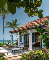 Fototapeta premium Rustic bungalow features white plaster walls, a terracotta-tiled roof, and turquoise shutters