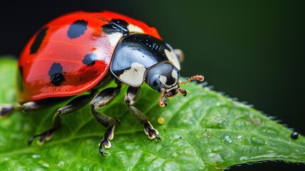 Obraz premium Close-up Macro Shot of a Brightly Colored Ladybug on Green Leaf - Detailed Nature Photography
