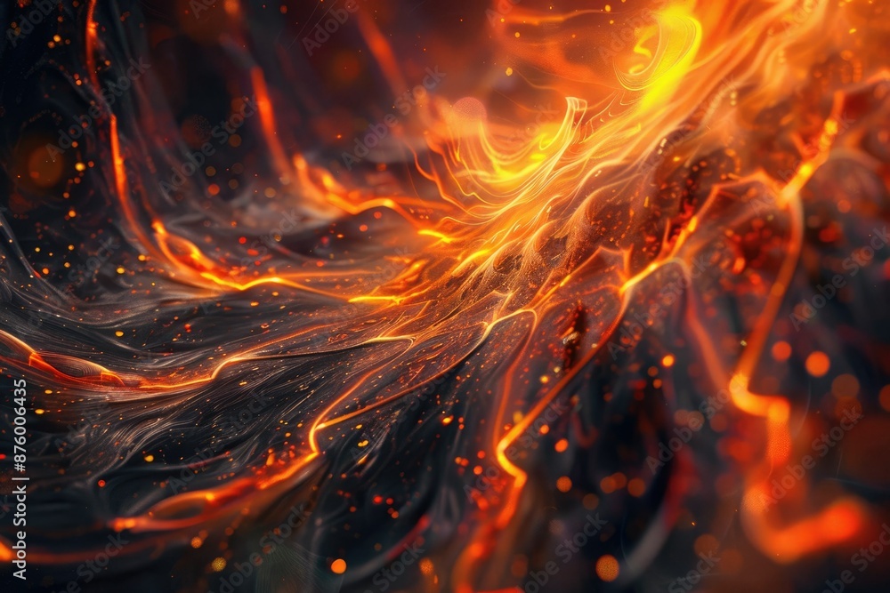 Poster intricate fractal design with vibrant fiery swirls and patterns in dark tones, creating stunning art