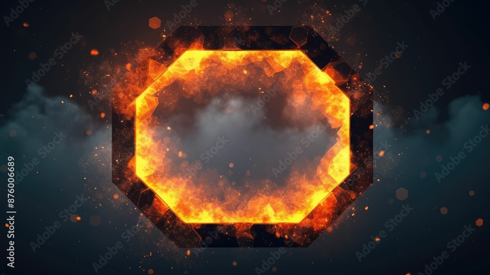 Poster glowing hexagonal frame in the clouds. digital art with fiery effect and dark sky. sci-fi and fantas