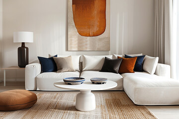 Minimalist interior design of modern living room with abstract art frame.