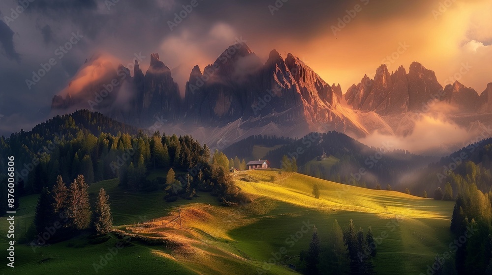 Sticker AI generated illustration of a stunning landscape of the Dolomites at sunset with a small house