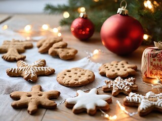 Decorated gingerbread cookies on table with christmas lights and ornaments