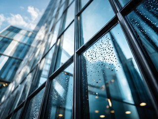 Close up of a modern skyscraper window with raindrops