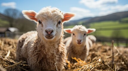 Fototapeta premium a sheep is laying in a field with a mountain in the background.