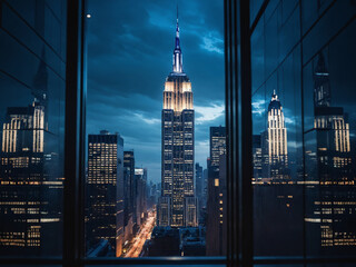 Illustration of evening view of the empire state building from a skyscraper window in new york city