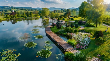 Fototapeta premium Terrace with garden on the shore lake image