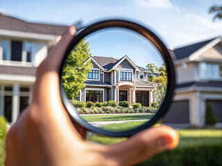 Hand holding lens focusing on suburban home on a sunny day