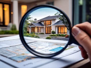 Examining a modern home through a magnifying glass on a plan