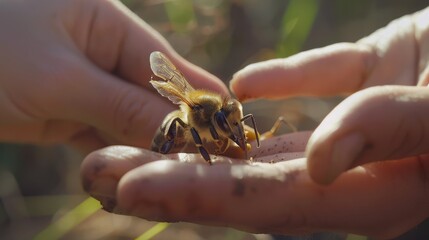 Obraz premium Cinematic First Aid: Person Removing Bee Sting and Applying Soothing Ointment