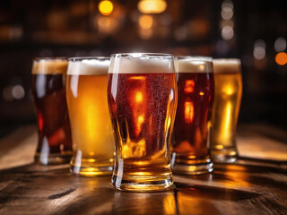 Five glasses of beer on a wooden table in a bar