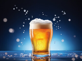 Glass of frothy beer with water droplets on blue background