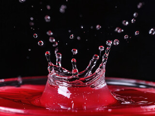 Water drop splashing into red liquid against black background
