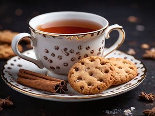 A cup of tea with cookies and cinnamon sticks on a saucer