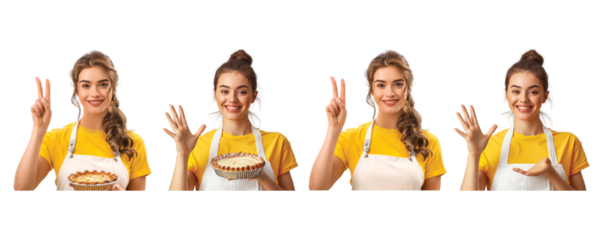 Female Chefs in Uniform Yellow Shirt and Apron, Holding Cooking Utensils and Pans in Various Poses, on Transparent Background
