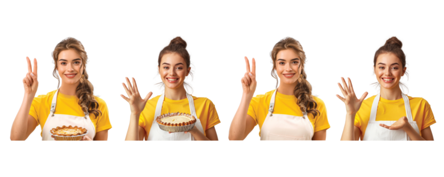 Female Chefs in Uniform Yellow Shirt and Apron, Holding Cooking Utensils and Pans in Various Poses,  on Transparent Background
