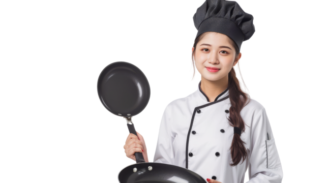 Professional Female Chef Holding Frying Pans in Uniform with Chef Hat,  on Transparent Background