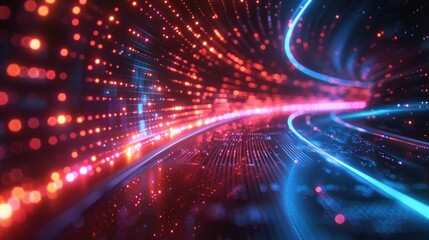 Obraz premium Glowing blue and red particles form a glowing tunnel of light