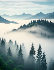 Obraz premium A foggy monochrome pine forest, tall trees shrouded in mist