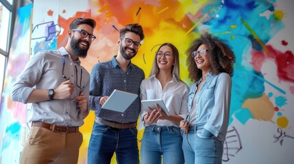 A cheerful group of young professionals uses tablets in front of a colorful mural, radiating creativity and collaboration. AIG41