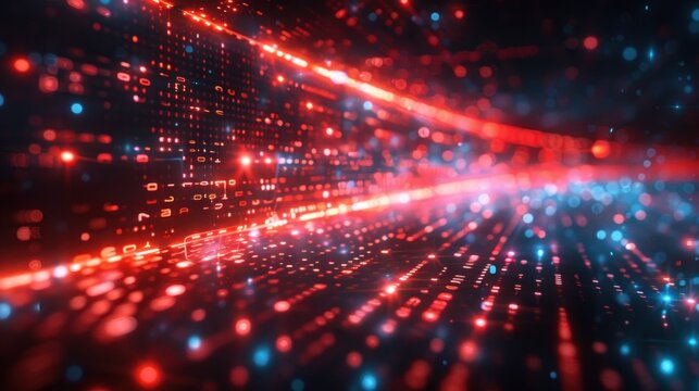 Futuristic red and blue digital cyberspace with glowing particles and binary code